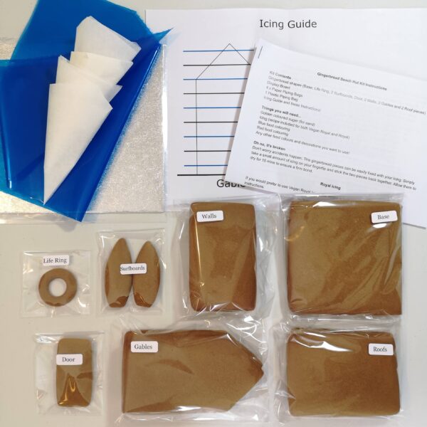 Image of gluten-free and dairy-free gingerbread beach hut kit contents